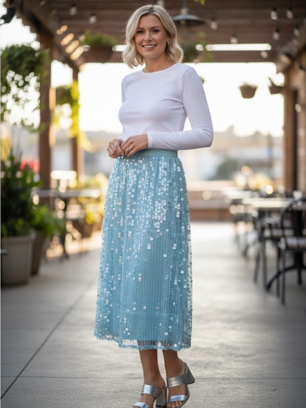 Old Navy Light Blue Sequin Midi Skirt